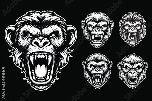 Dark Art Angry Beast Monkey Head with Sharp Fang Black and White Illustration