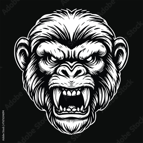 Dark Art Angry Beast Monkey Head with Sharp Fang Black and White Illustration