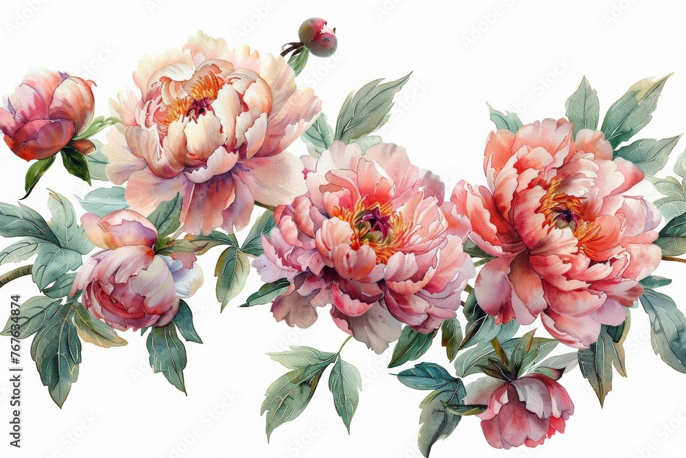 Peonies and leaves, watercolor, can be used as greeting card, invitation card for wedding, birthday and other holiday and summer background,  