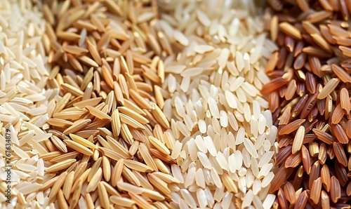 Three different types of rice are shown in a pile photo