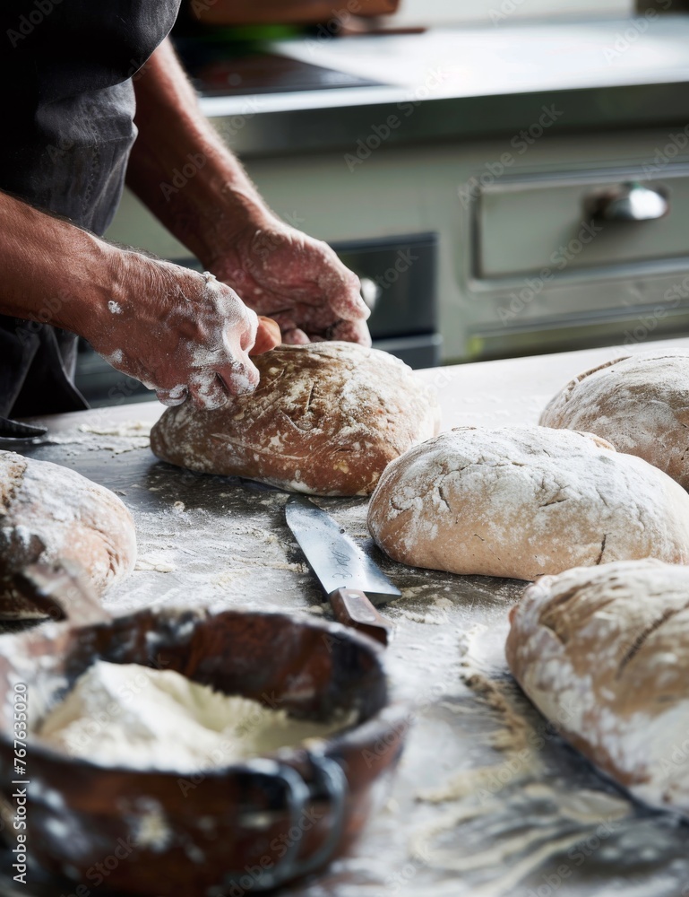 A man is making bread on a table with a knife and a bowl of flour A man is making bread on a table with a knife and a bowl of flour