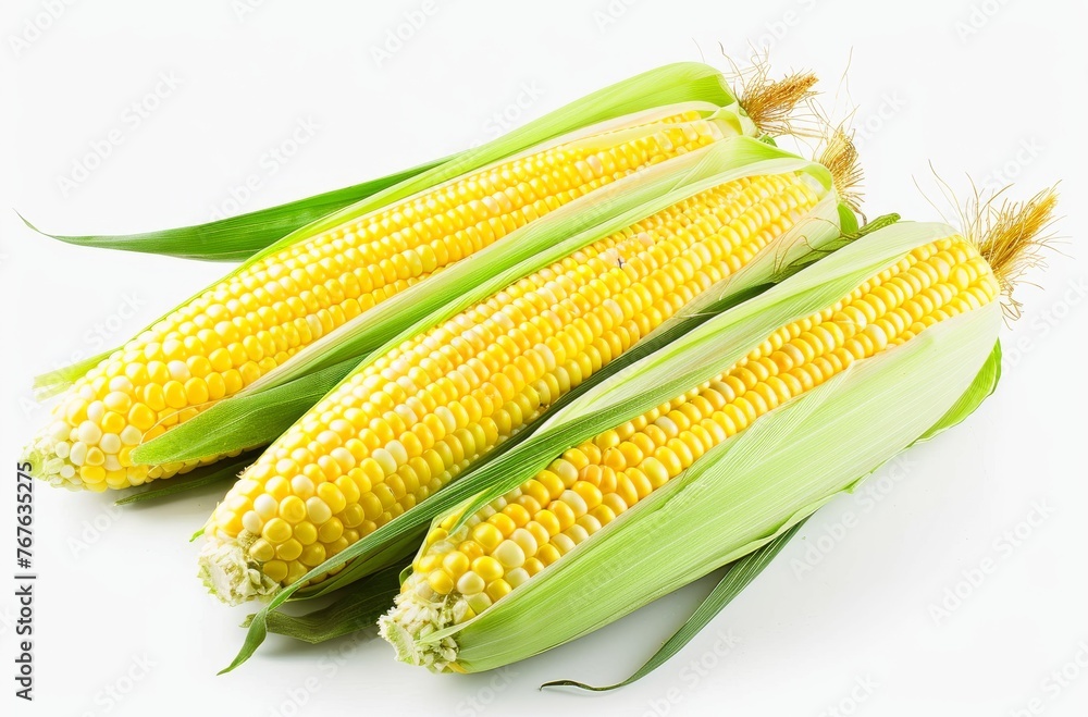 Three yellow corn cobs with green leaves Three yellow corn cobs with green leaves