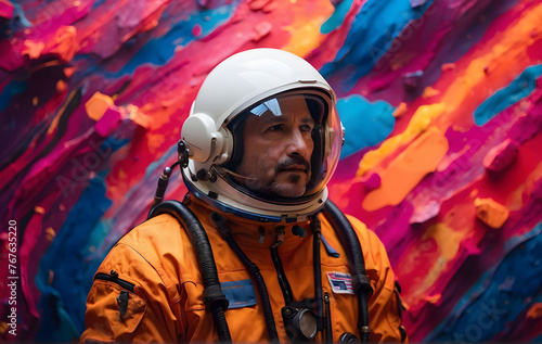 An Astronaut wearing an orange spacesuit in the planet Mars
