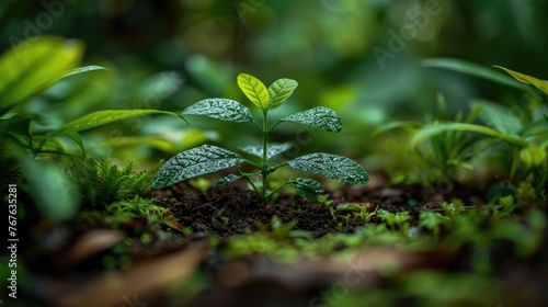 A juvenile plant with glistening water droplets represents growth, resilience, and sustainable ecosystems in a forest ground