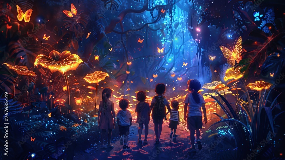 Children exploring a mystical forest illuminated by glowing plants and butterflies at dusk. Enchanted Forest Adventure at Twilight

