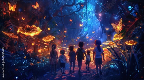 Children exploring a mystical forest illuminated by glowing plants and butterflies at dusk. Enchanted Forest Adventure at Twilight