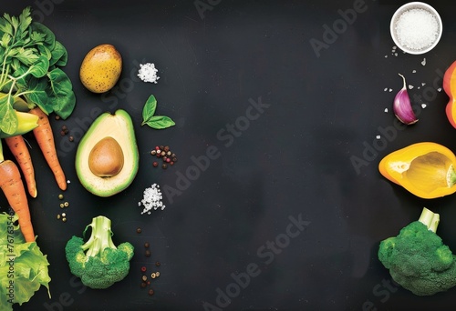 A black background with a variety of vegetables including broccoli, carrots