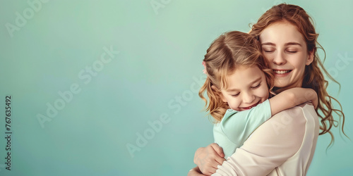 Mom and her daughter hugging, warm atmosphere, Mother's Day concept, light background,copy space