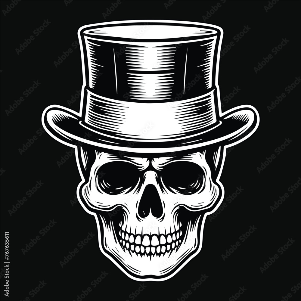 Dark Art Magician Skull Head with Hat Black and White Illustration