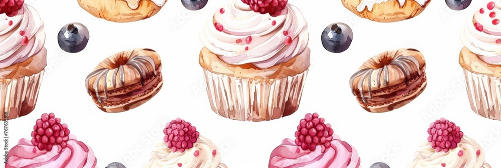 seamless pattern with a set of sweet desserts in watercolor for banners, cards, flyers, social media wallpapers, etc, watercolor illustration seamless pattern with a set of sweet desserts in watercolor for banners, cards, flyers, social media wallpapers, etc, watercolor illustration