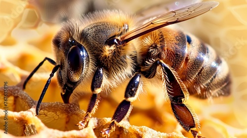 Wallpaper Mural A macro shot of a bee on a flower with crystalline honeycombs in the background Torontodigital.ca