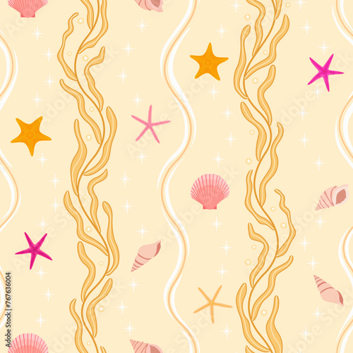 sea side beach marine life seamless pattern. pink  orange starfish, shell, conch and kelp background. seashore theme. good for fashion design, fabric, wallpaper, wrapping paper, resort wear,  swimwear