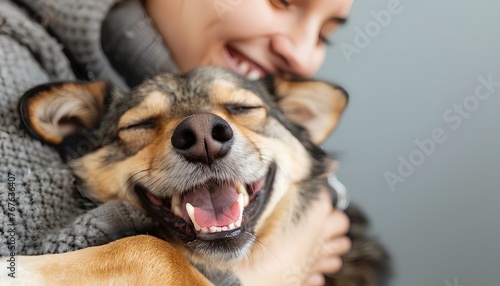 A happy stray dog is hugged by a person in the minimalistic interior, studio background. generative AI