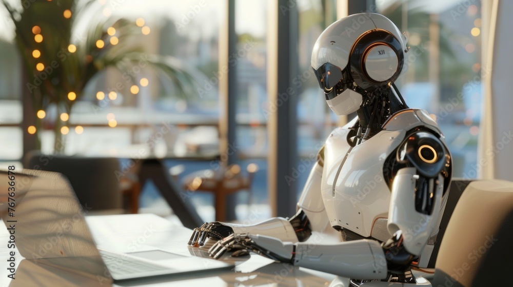 3d illustration Humanoid robot using laptop and sitting at work desk for global network connection 3d illustration Humanoid robot using laptop and sitting at work desk for global network connection
