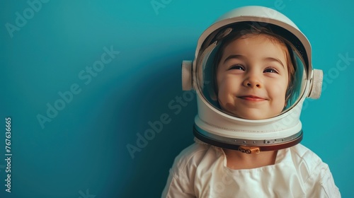 Happy smiling little girl wearing astronaut costume on blue background, copy space. generative AI