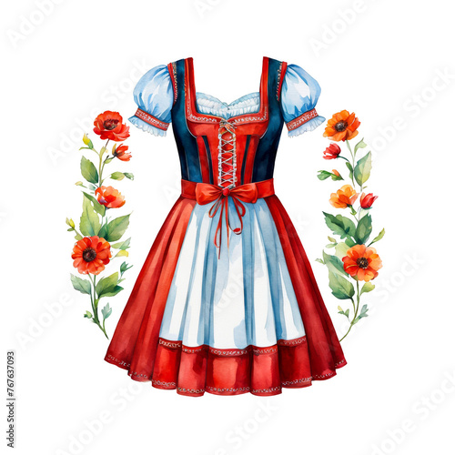 A traditional dirndl with poppies flowers  clothing showcase  watercolor illustration clipart  vector  red blue dress  for product ad promotion  presentation  scrapbook  wedding dress card  fashion 
