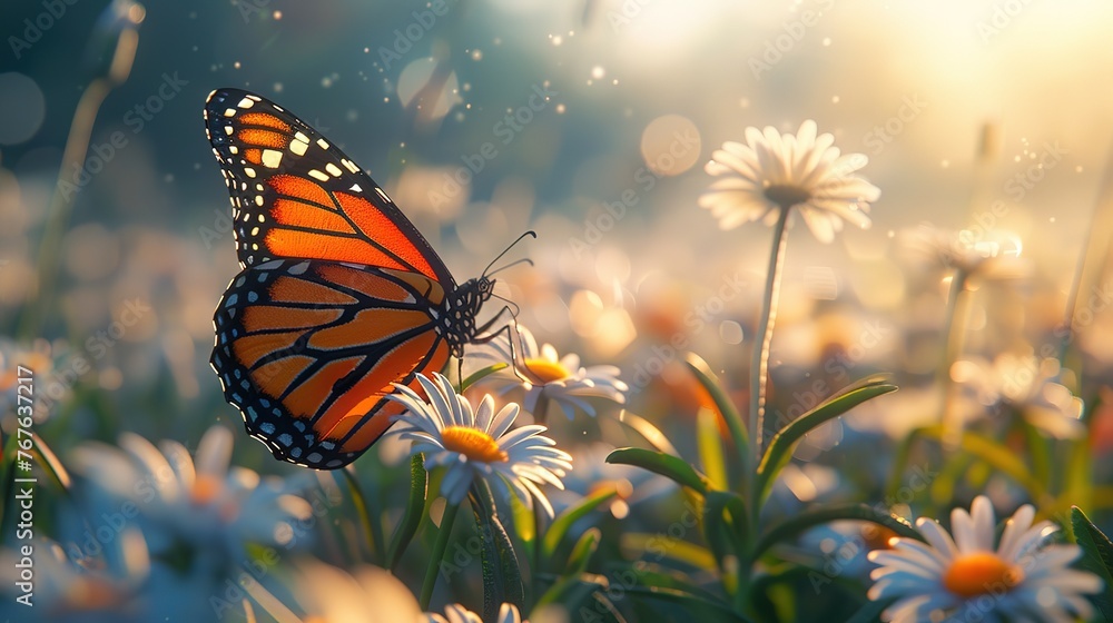 Monarch butterfly with open wings perched on a yellow flower at sunset. Generative AI Monarch butterfly with open wings perched on a yellow flower at sunset. Generative AI