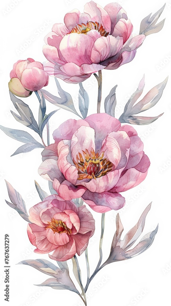 Set of Sweet pink peonies flower ,Watercolor collection of hand drawn flowers , Botanical plant illustration transparent background, PNG ,Generative AI,  