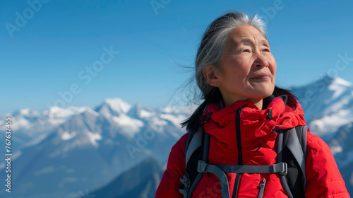  Asian woman in her 60s stands on top of the Alps, looking at the magnificent scenery. She is wearing red mountaineering clothes © Jirut