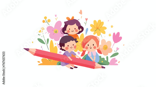 Depiction of children with pencil crayons. Flower © Jasmin