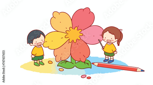 Depiction of children with pencil crayons. Flower 
