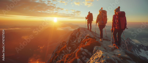 The women hikers helped each other reach the top of the mountain during sunrises