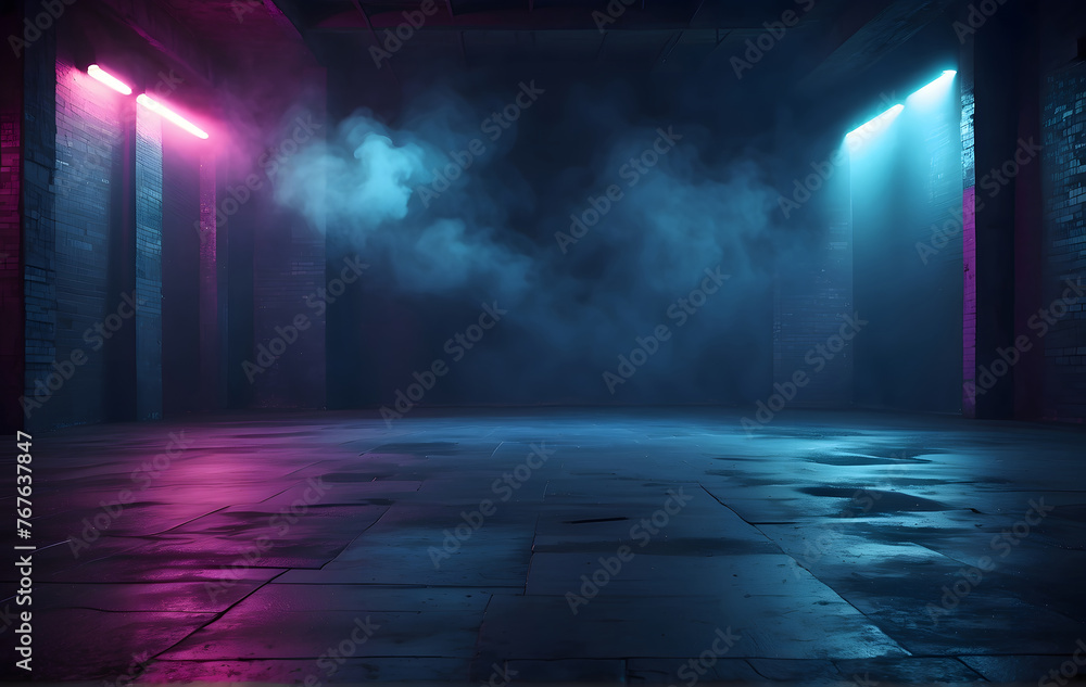 The spotlight illuminates the asphalt floor of the studio room, while tendrils of smoke dance through the air, enhancing the interior ambiance - obrazy, fototapety, plakaty 