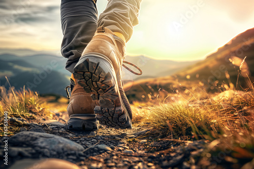 Man in hiking shoes in the mountains at dawn