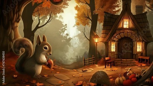 Squirrel eating nuts in the forest in front of a lighted house