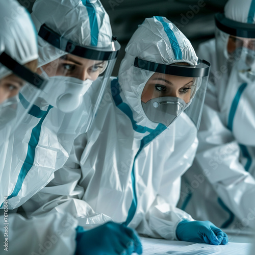 Researchers wearing protective gear review the findings of an alien autopsy analysis discussing the implications for human health