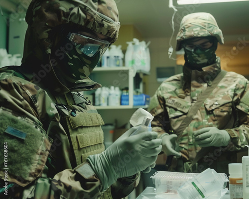 Under the watchful eyes of military personnel scientists distribute a new treatment to prevent infection from bite wounds photo
