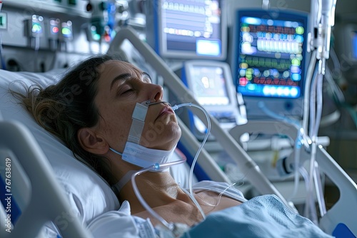 middle aged woman lies in a coma in a hospital ward, connected to life support equipment, monitors. Generative AI