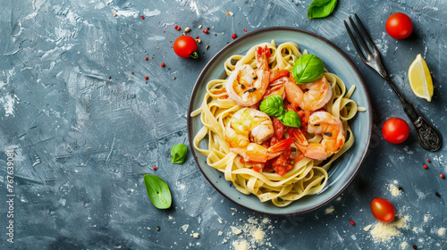 Italian pasta fettuccine in a creamy sauce with shrimp on a plate on dark background, top view. Copy space. Healthy whole grain linguine with shrimps, cherry tomatoes, fresh Parmesan cheese and basil