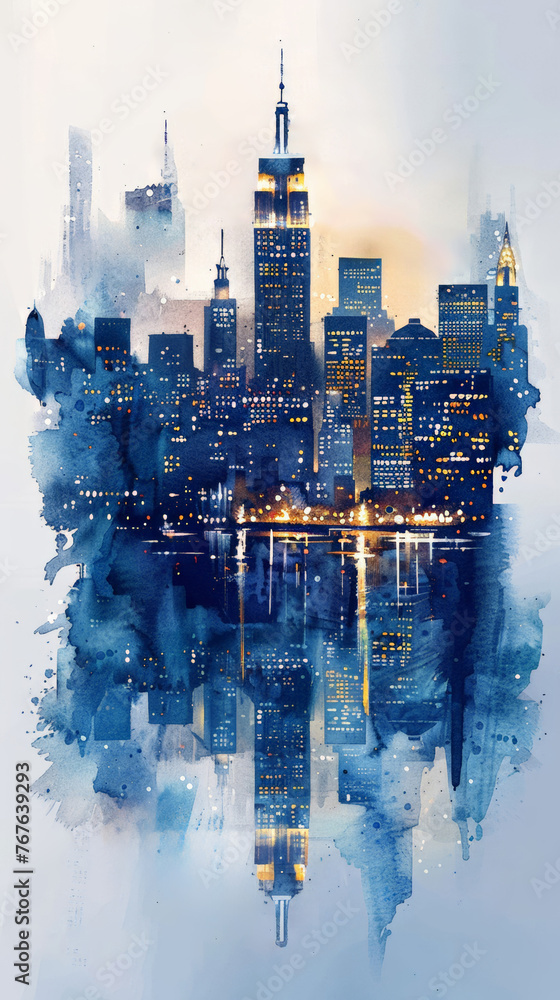 Silhouette of the city of New York watercolor hand-drawn in blue tones, painted with splashes of watercolor drops 