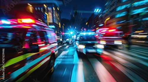 A blurred motion shot of emergency vehicles rushing to an accident scene at night, emphasizing urgency, photo