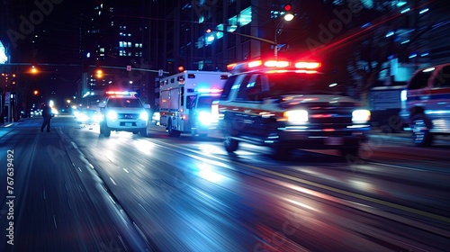 A blurred motion shot of emergency vehicles rushing to an accident scene at night, emphasizing urgency, photo