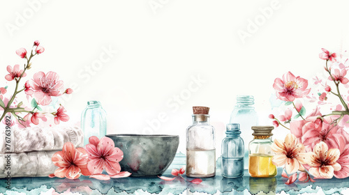Spa seamless Border with body care Cosmetic, towels and flacons on isolated background Hand drawn watercolor illustration Pattern with mortar and aroma essential oil for salon banner or frame,  