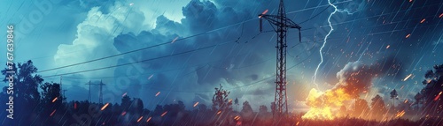 A dramatic depiction of a power line sparking during a storm, highlighting the risk of electrical accidents, photo