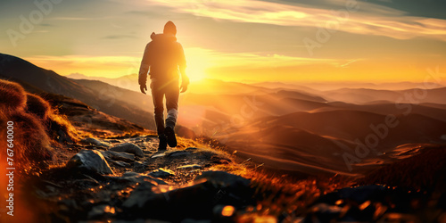 Silhouette of a hiker in the mountains against the backdrop of the bright sunset sun