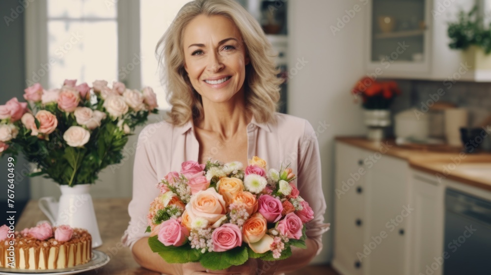 A woman is holding a bouquet of flowers in a kitchen
