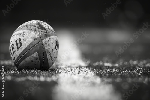 Rugby ball resting on the infield line, the contrast of its stitching and white chalk encapsulating the spirit of the sport. photo