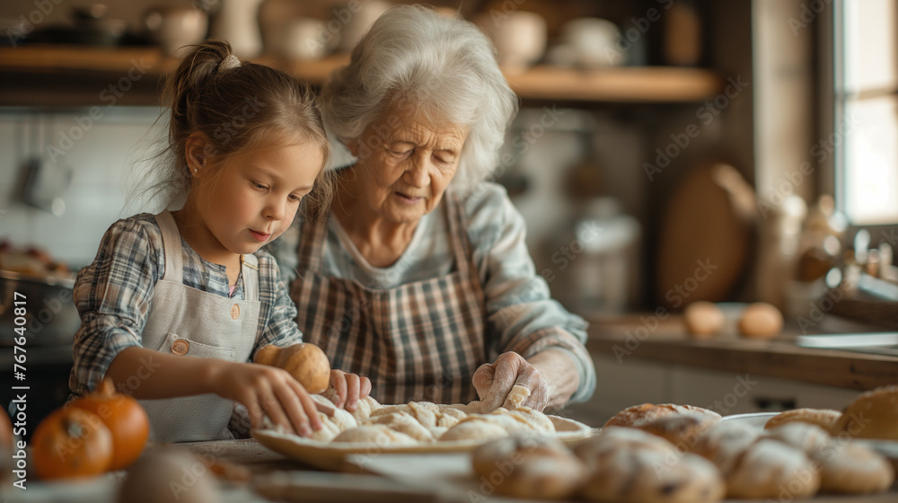 Grandmother teaching her grandchildren how to bake. Grandmother teaching her grandchildren how to bake.
