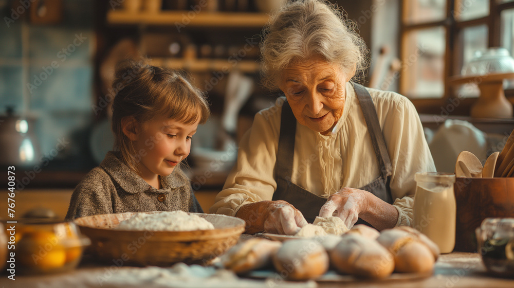 Grandmother teaching her grandchildren how to bake. - obrazy, fototapety, plakaty 