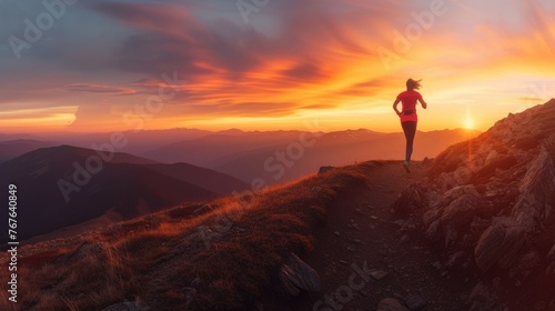 A solitary runner takes on a mountain trail at sunset, embodying the spirit of endurance and the pursuit of personal fitness goals. AIG41 © Summit Art Creations