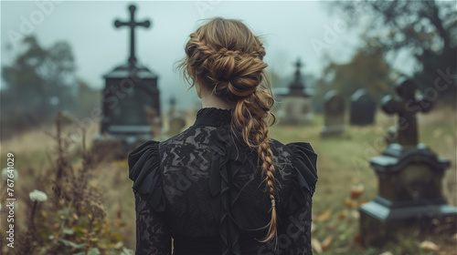 Back view of woman in black standing in front of the grave photo