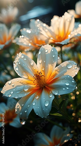 the delicate droplets of morning dew clinging to the vibrant petals of new flowers. Generative AI