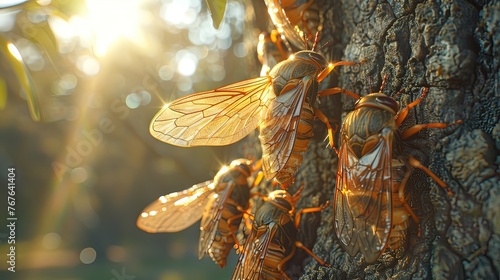 Cicadas cling to a tree, illuminated by the warm glow of sunset light. Generative AI photo