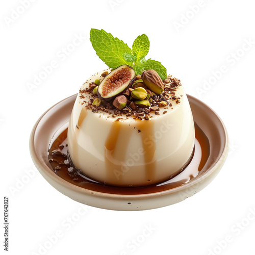 Front View of Greek-style Panna Cotta with a Creamy Dessert Infused with Greek Flavors such as Honey, Pistachios, or Figs, Isolated on a White Transparent Background