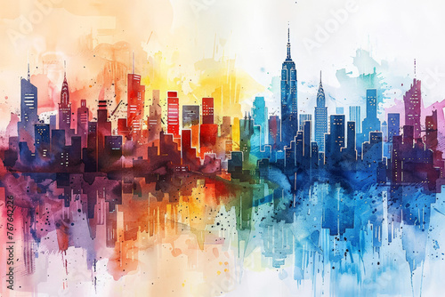 Urban watercolor landscape  city skyline with abstract splash  colorful interpretation of metropolitan life and architecture  