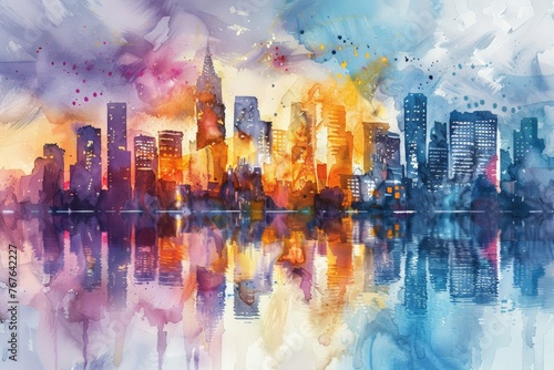 Urban watercolor landscape, city skyline with abstract splash, colorful interpretation of metropolitan life and architecture, 